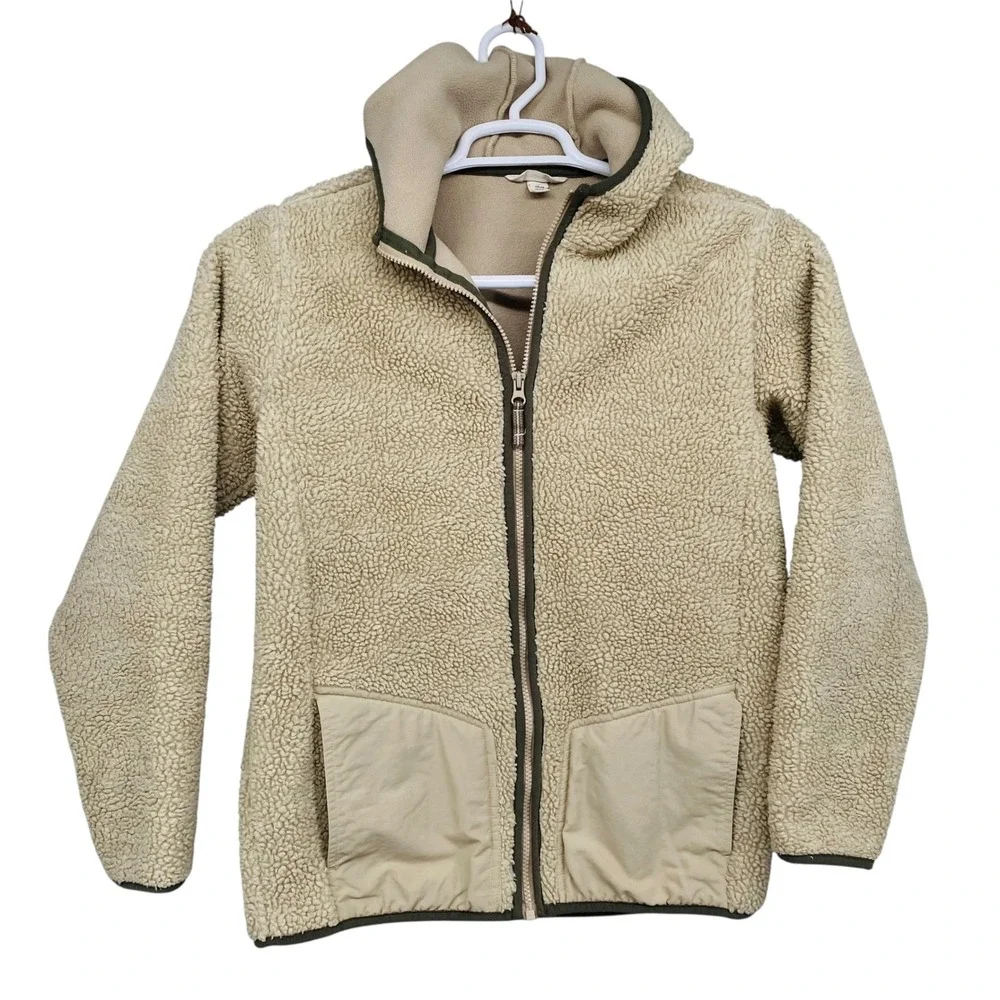 Lands End Kids Sherpa Fleece Hooded Jacket Beige Tan Full‎ Zip Size L 14-16